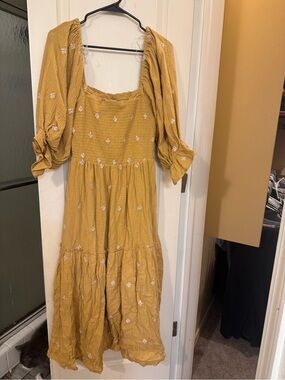 Smocked Mustard Yellow Midi Dress with Puff Sleeves